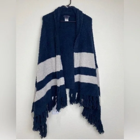 Barefoot Dreams Cozychic Malibu Wrap Indigo/Oyster Stripe OS - Picture 5 of 13